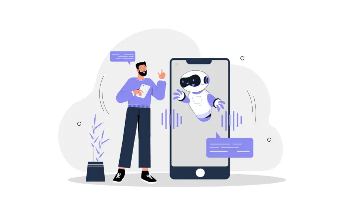 Man Chatting with Chatbot Communicating Ai Robot Assistant Vector 2D Design Illustration